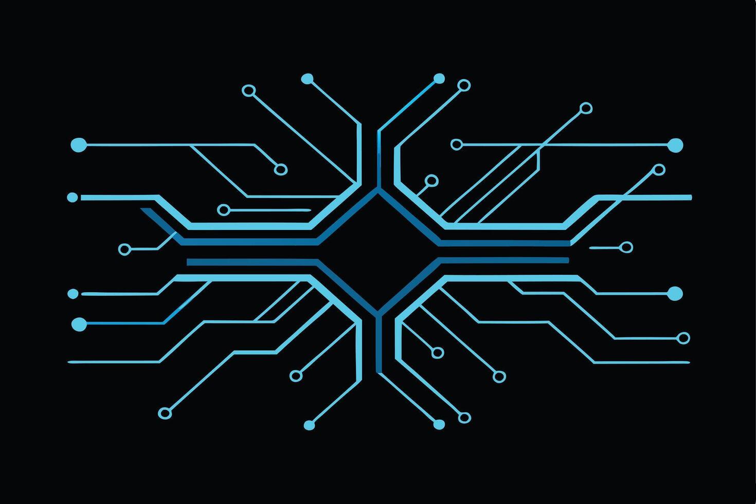 Abstract circuit design with vibrant turquoise lines on a black background. vector