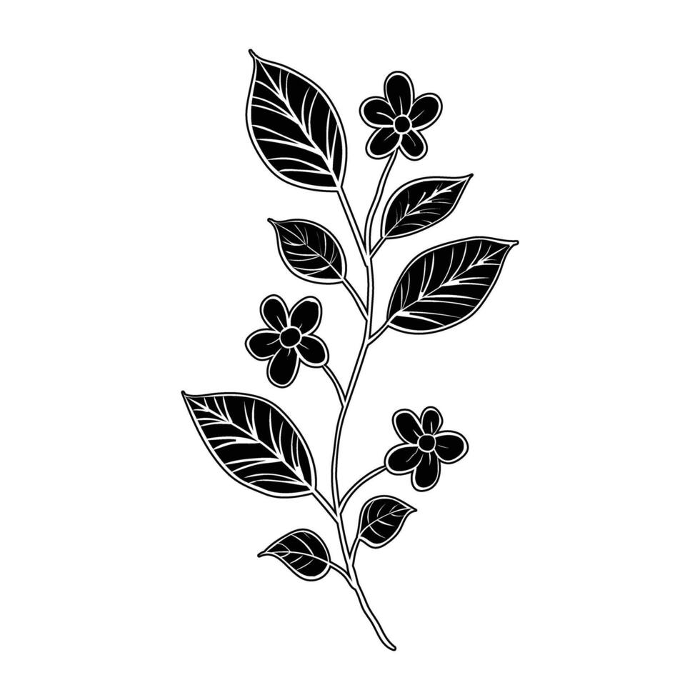 a black and white drawing of a branch with leaves vector