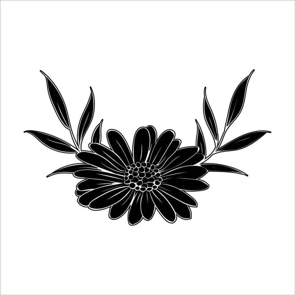 black and white illustration of a flower with leaves vector