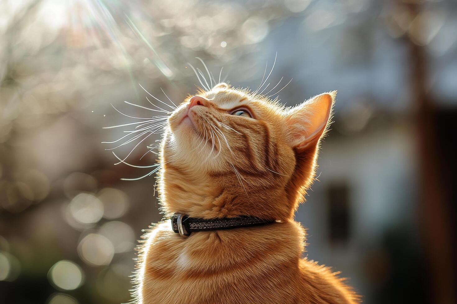 Curious ginger cat gazes upward in soft light with a serene expression photo