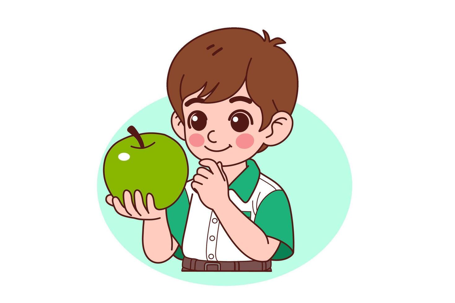 The boy is holding an apple. illustration in cartoon style. vector