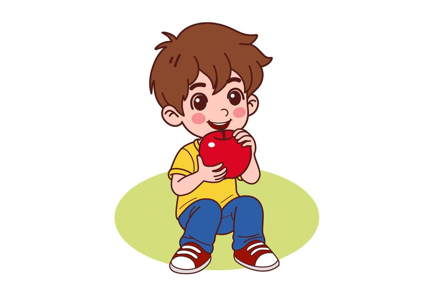 A little boy is sitting and eating an apple. vector