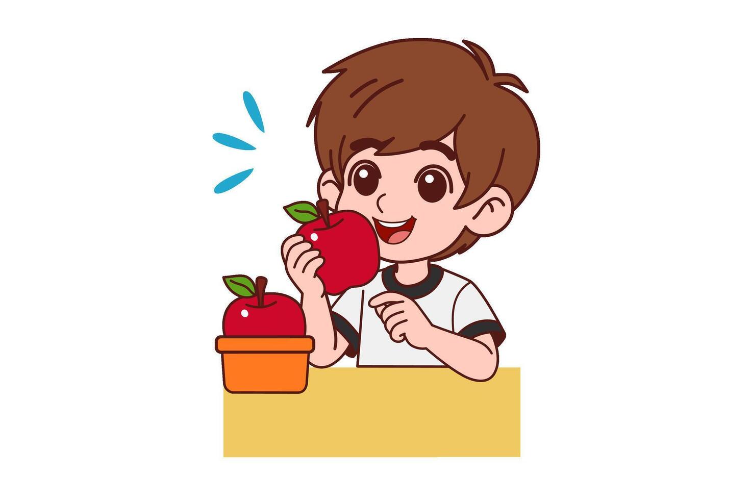 A little boy wearing a white shirt is eating an apple. vector