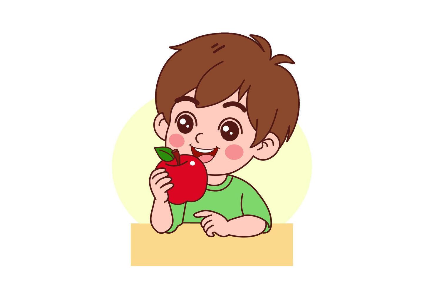 A little boy wearing a green shirt is eating an apple. vector
