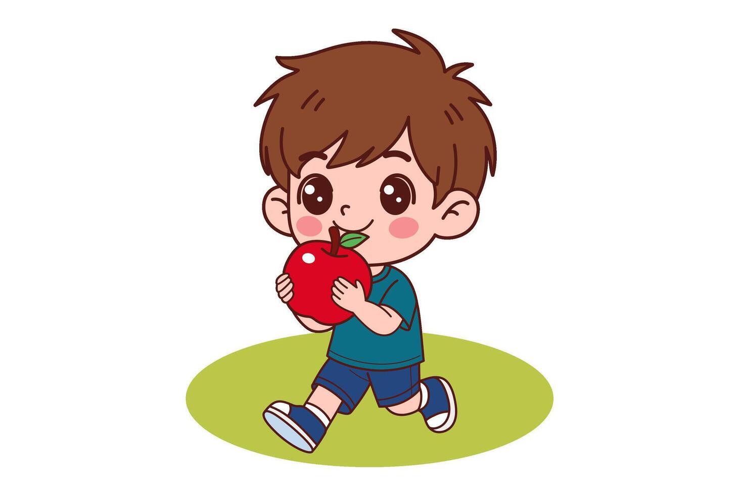 A little boy wearing a blue shirt is eating an apple. vector