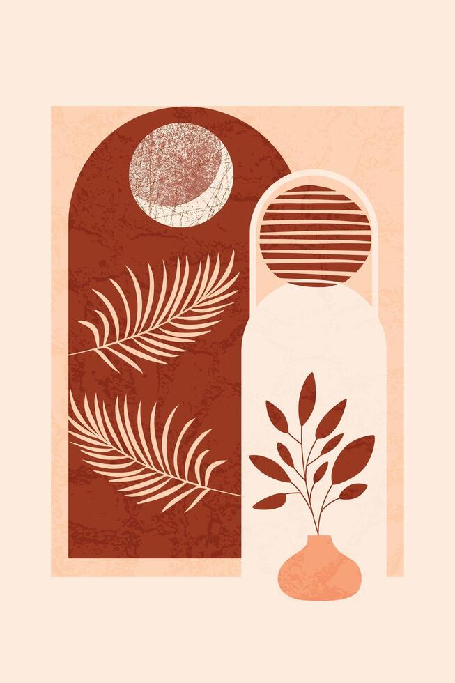 Abstract Earth-Tone Illustration with Palms, Sun Shapes, and Vase Design Elements. Minimalist abstract artwork featuring earthy tones and geometric shapes, evoking a calm and sophisticated aesthetic. vector