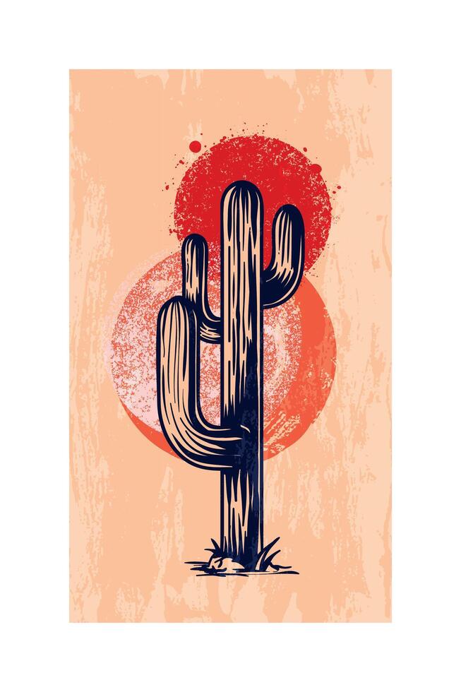 Artistic Saguaro Cactus Design with Bold Colors and Retro Texture. The textured background enhances the retro aesthetic, making it suitable for creative and decorative projects. vector