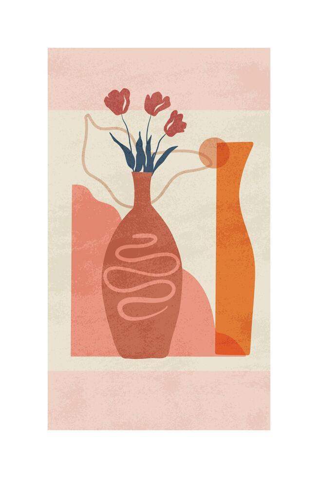 Stylized abstract artwork of flower-filled vases in pastel and warm tones, creating a calm, artistic mood inspiring tranquility and creativity. vector