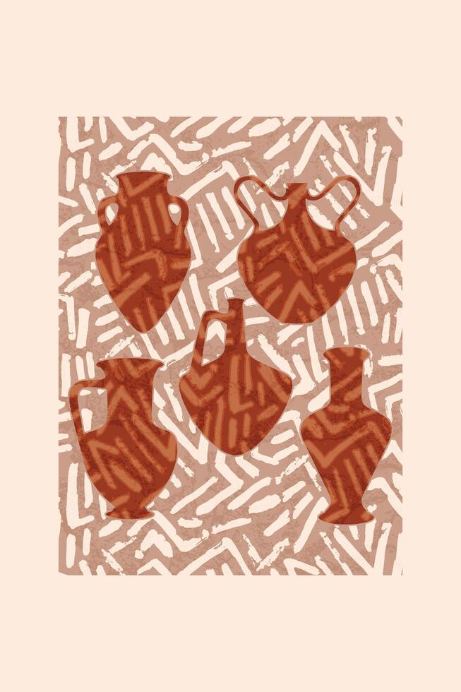 Abstract Terracotta Pottery Shapes with Textured Background Design. The composition evokes an artistic and Mediterranean vintage aesthetic emphasizing pottery craftsmanship in earthy tones. vector