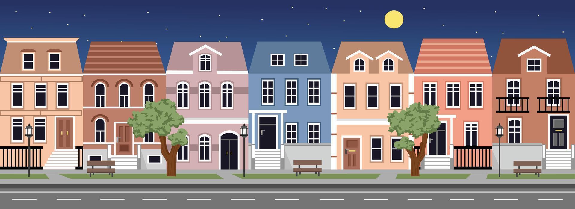 Set of house. Collection of house. Street. Night house. Lamp park. city park. City house. Classic house. European house. Building architecture. Apartment. vector