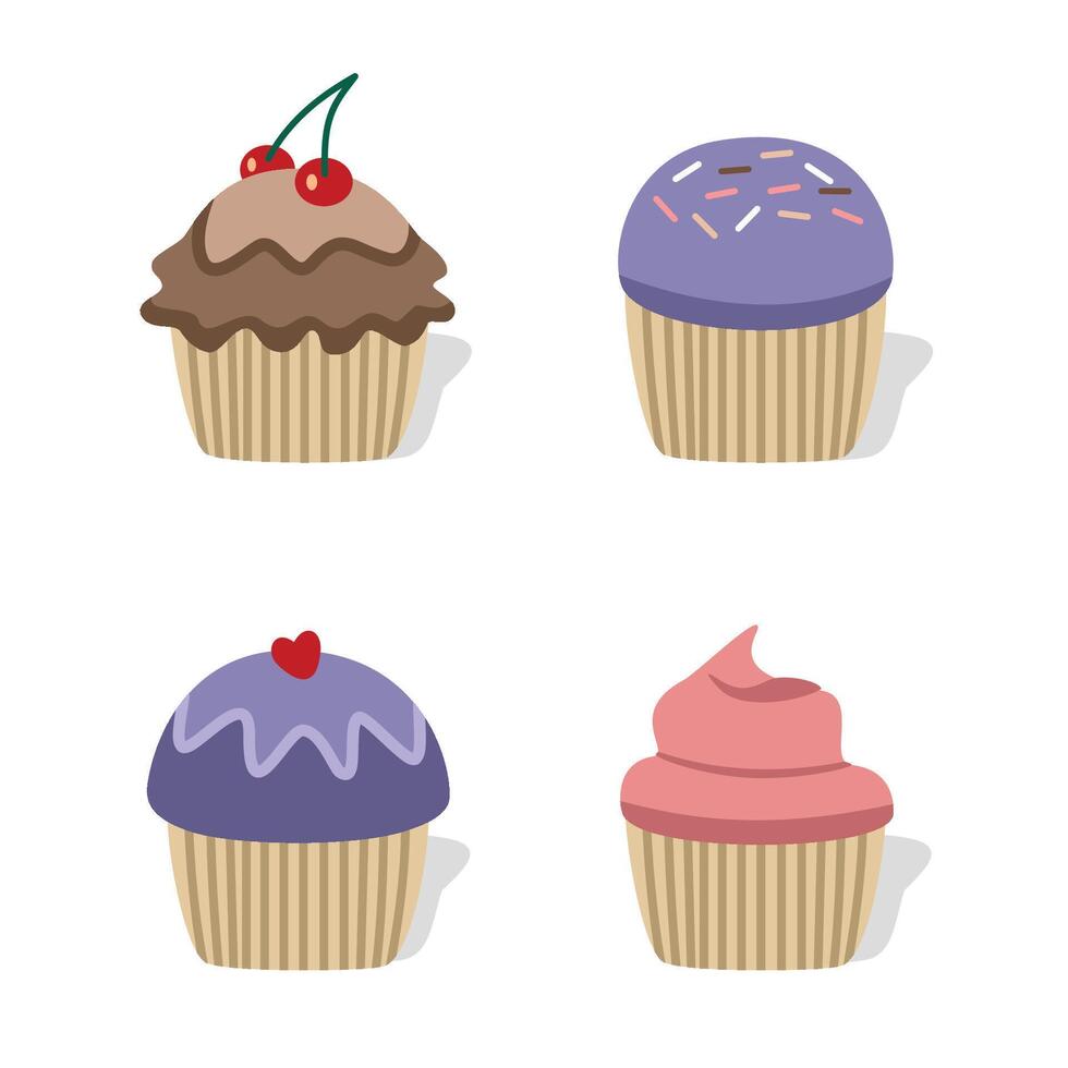 A collection of cupcakes with different colored toppings. Set of muffin. Dessert food. Berry muffin. Chocolate muffin. vector
