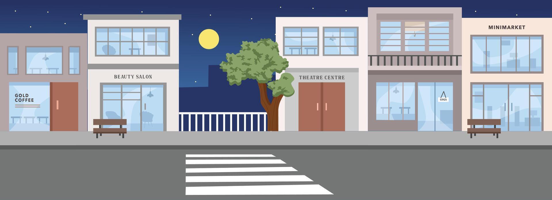 Supermarket. Boutique. Chain store. Convenience store. Department store. Discount store. Drugstore. Emporium. Grocery store. Market. Outlet. Cafe. Building in the night time. vector