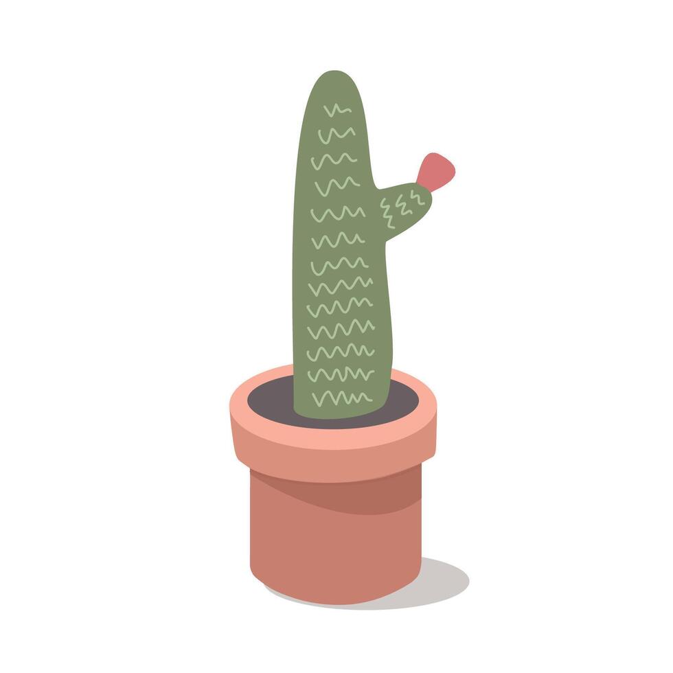 Potted cactus. Cactus with mini red flower. Desert plant. Desert flower. Thorn. Spike. vector