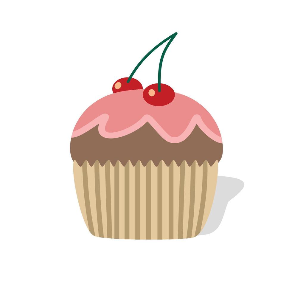 Strawberry muffin with cherry on top. Cupcake with mix flavor. Mug cakes. vector