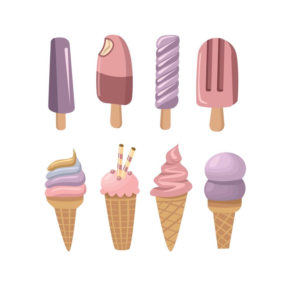 Ice cream stick. Ice cream cone. Dessert icon. Blueberry ice cream. Strawberry ice cream. Ice cream store. Cute ice cream. Flat design ice cream. vector