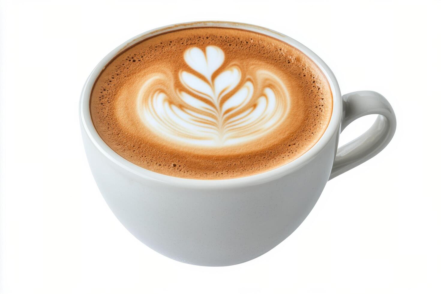 Creamy coffee with heart shaped latte art served in a white cup on a light surface photo