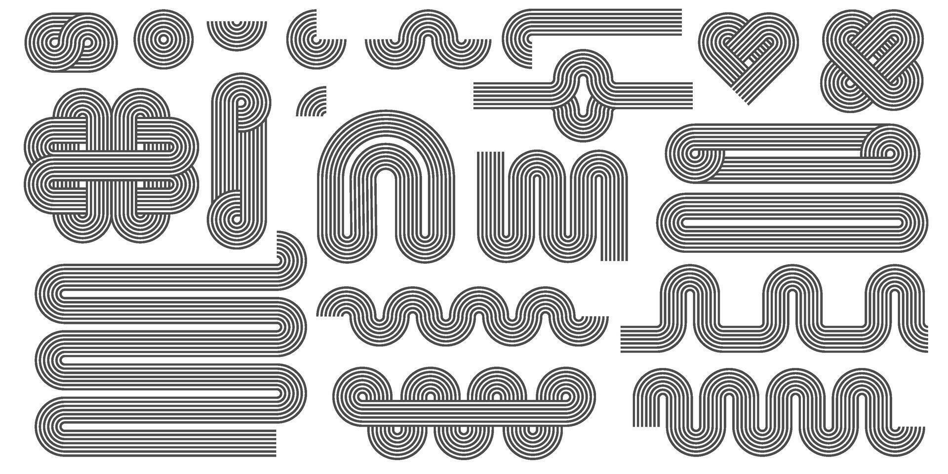 Abstract shapes with line pattern. Retro arch and geometric waves on white background. Organic graphic elements and curved modern figures. Simple minimalistic aesthetic stripes vector