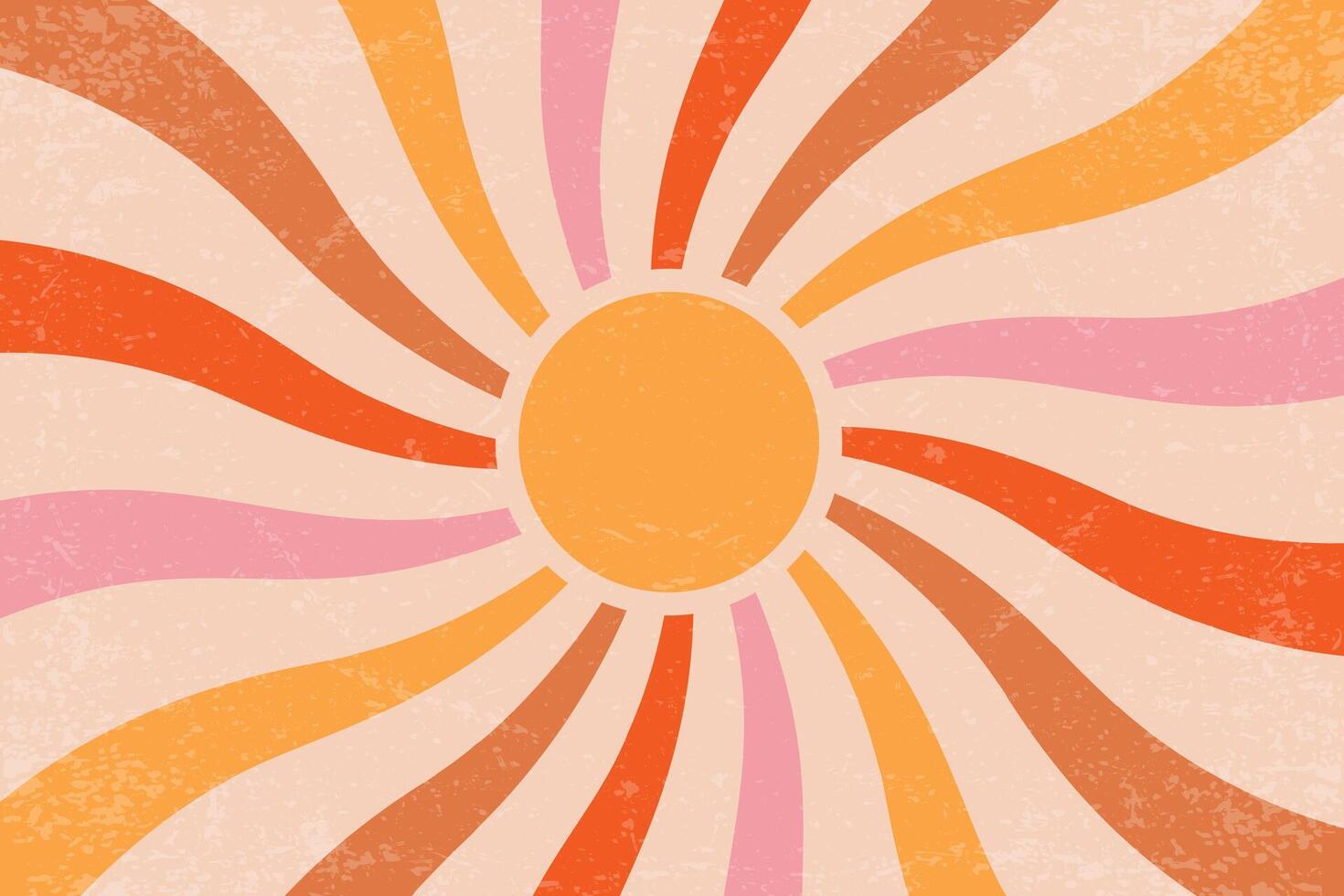 Retro sun background with radial swirl rays. Textured 70s abstract pattern. Vintage summer poster with concentric stripes of beams. Creamy pink and orange hippy wallpaper vector