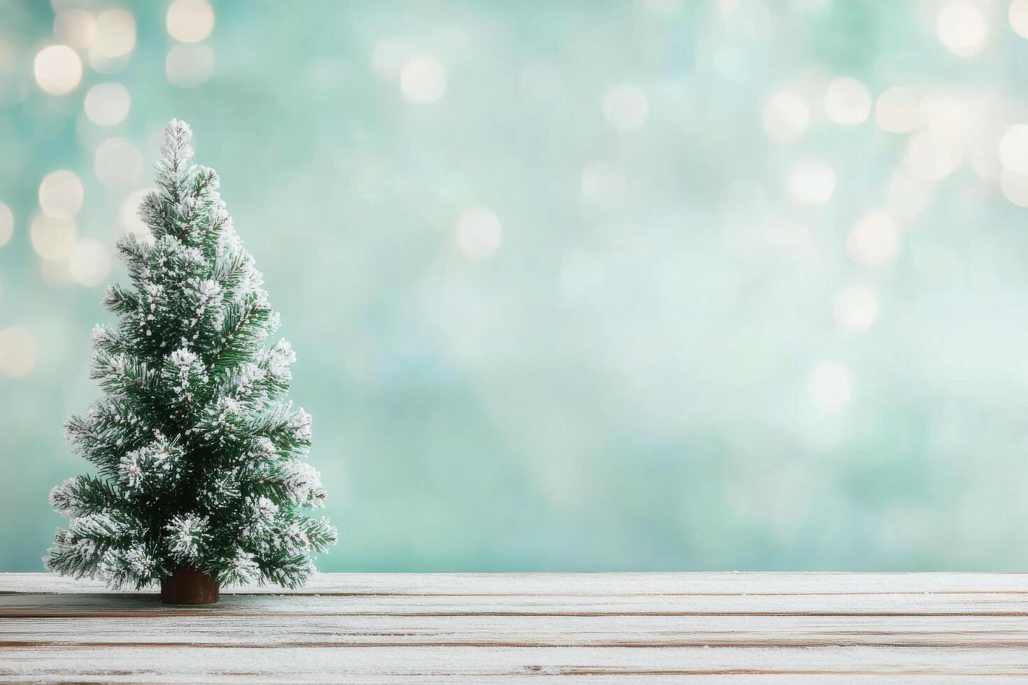 Charming decorated Christmas tree with warm lights on wooden table against a soft background photo