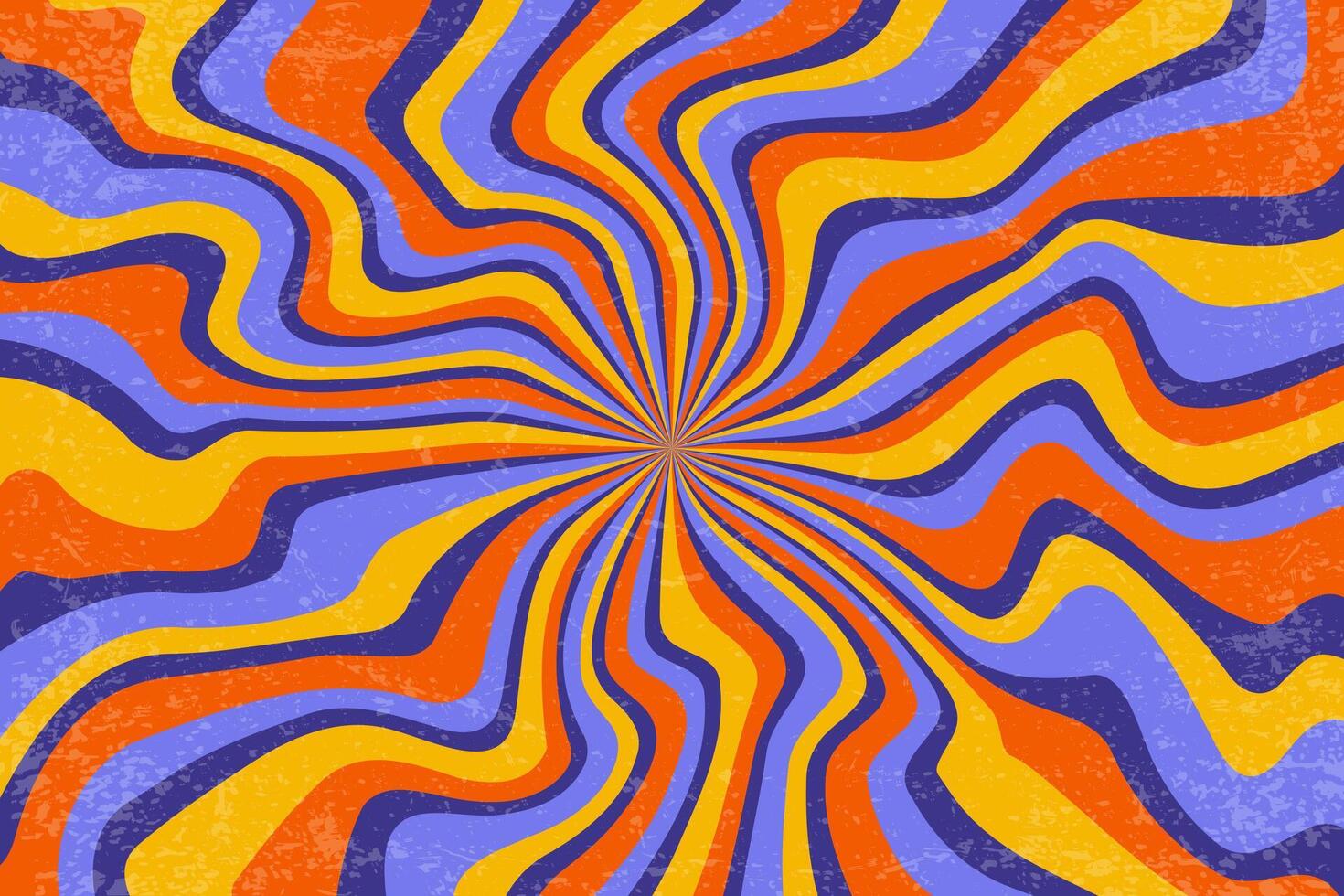 Retro background with spiral bright sunburst. Swirl textured radial pattern with rays. Vintage abstract wavy purple and orange striped vortex. 70s funky psychedelic disco bg. vector