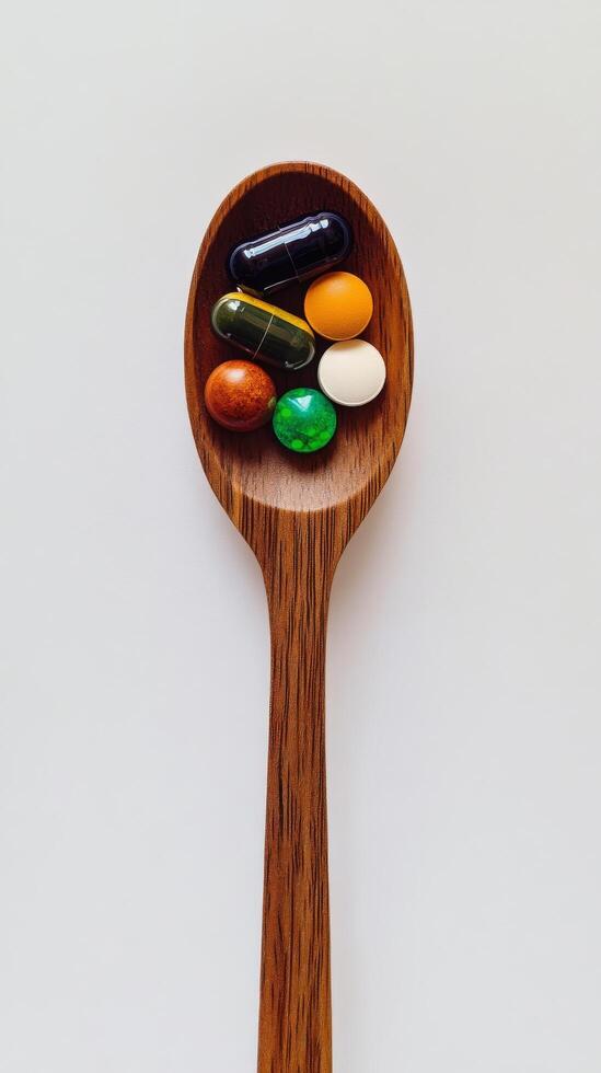 Various colorful tablets and capsules arranged on a wooden spoon against a plain background photo
