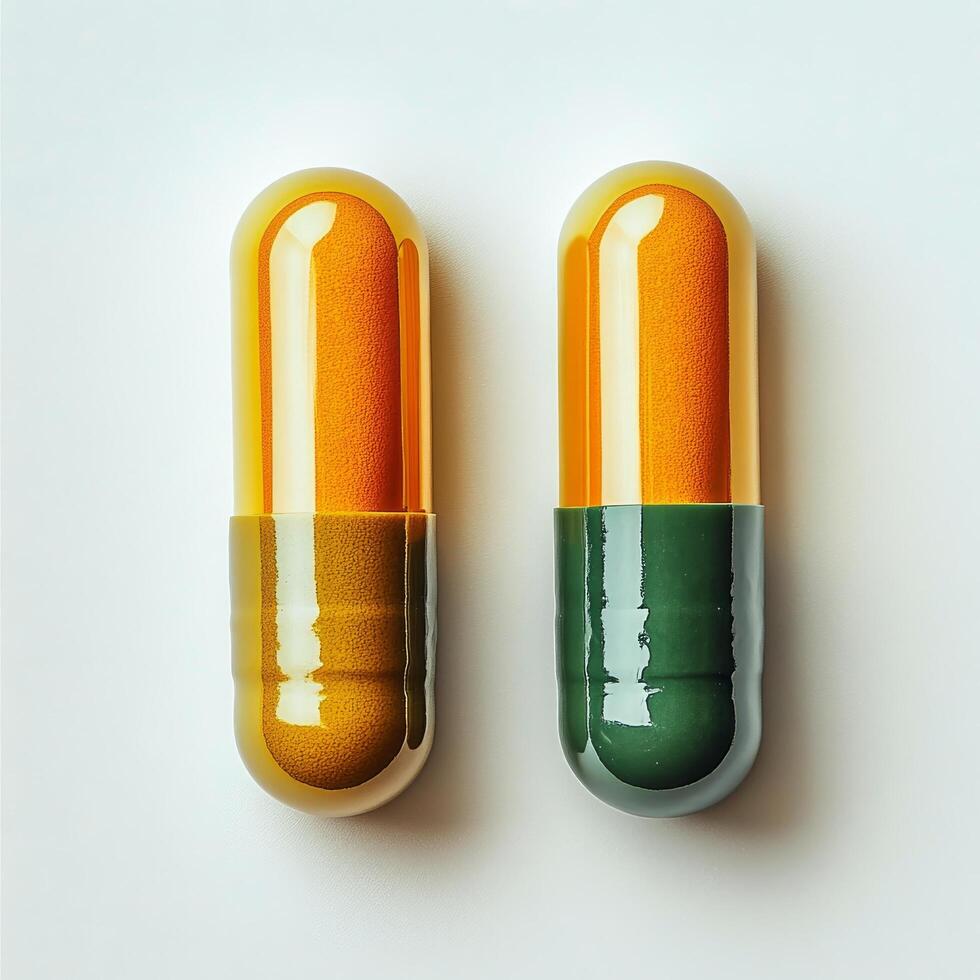 Capsules filled with colorful powders on a plain background in a close up view photo