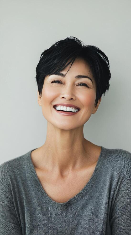 Woman with short black hair smiling warmly in a relaxed indoor setting during daylight photo