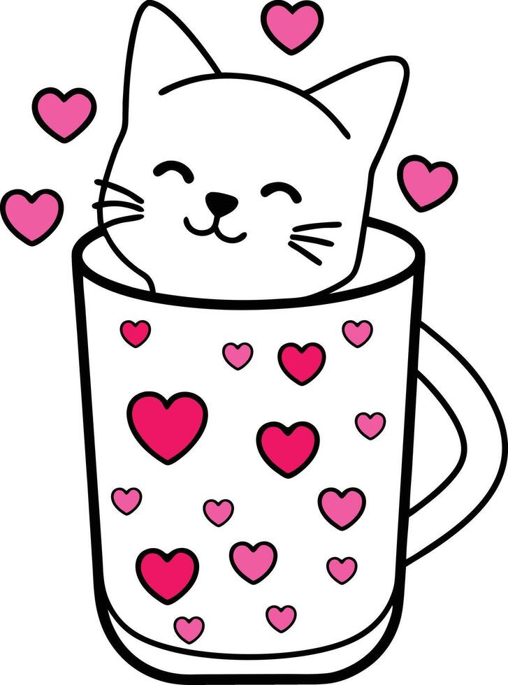a cute cat in a cup with a heart Valentines Day vector