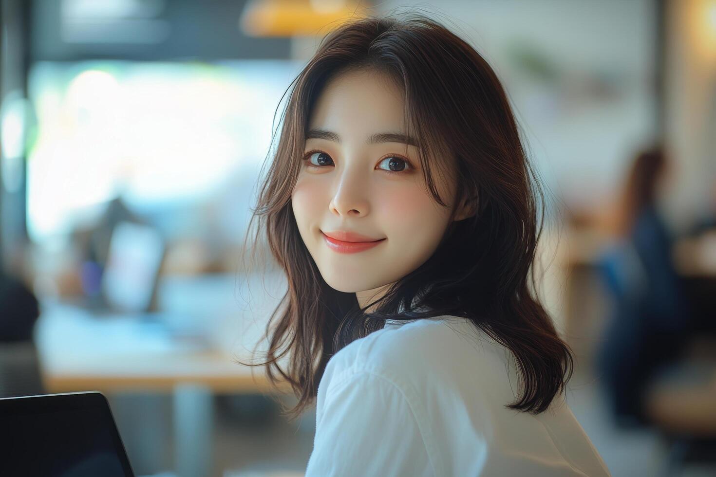 Woman smiling in a bright cafe while working on a laptop during the afternoon photo
