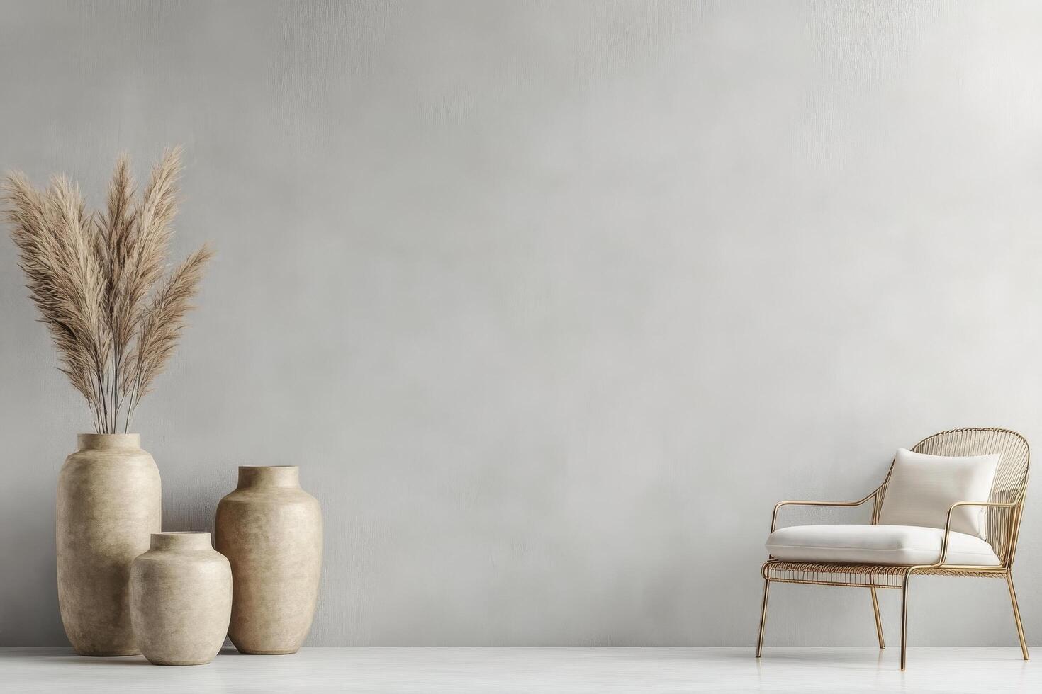 Stylish room decor featuring golden vases and a minimalist chair with floral arrangement photo