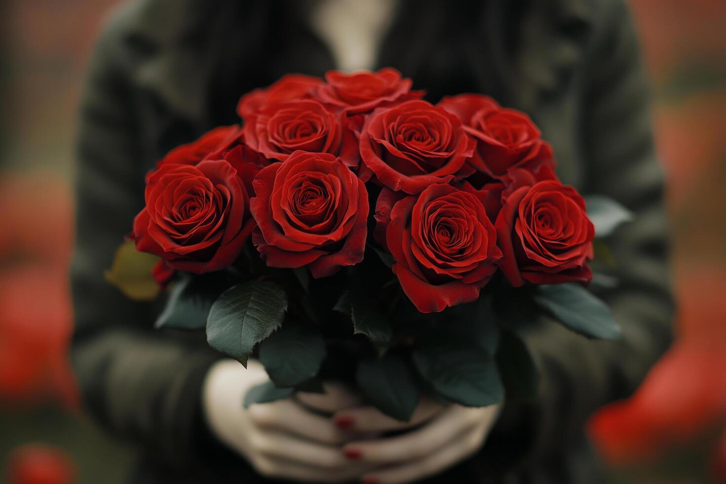 Holding a bouquet of red roses in a lush green setting during autumn photo