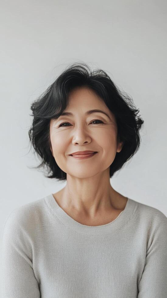 Woman with short black hair smiling warmly in a relaxed indoor setting during daylight photo