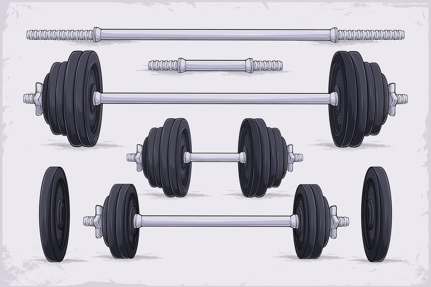 Hand drawn set of multiple gym workout equipment, collection of adjustable barbells and dumbbells vector