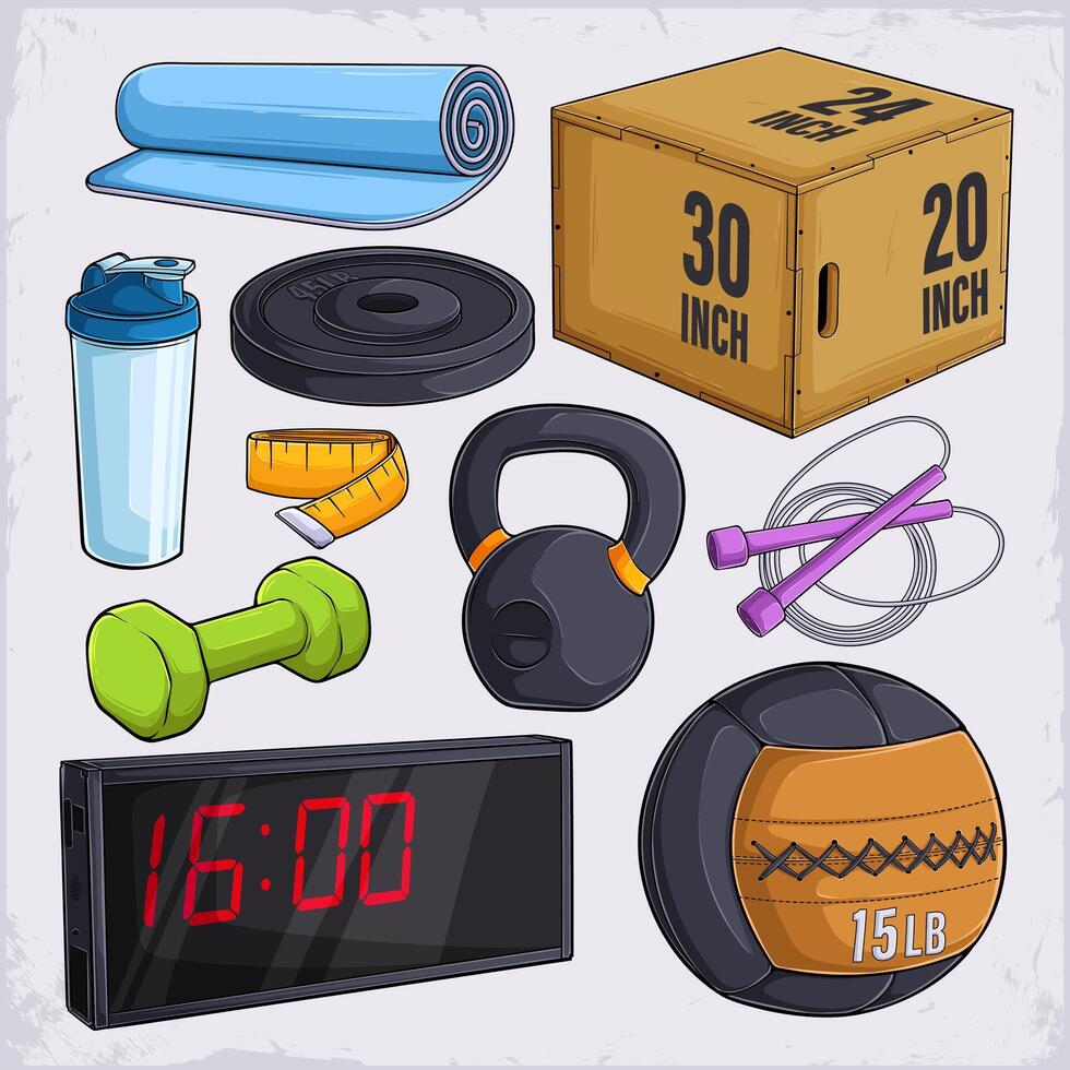 Hand drawn set of CrossFit equipment, jump box, timer, med ball , yoga mat, dumbbell, jump rope vector