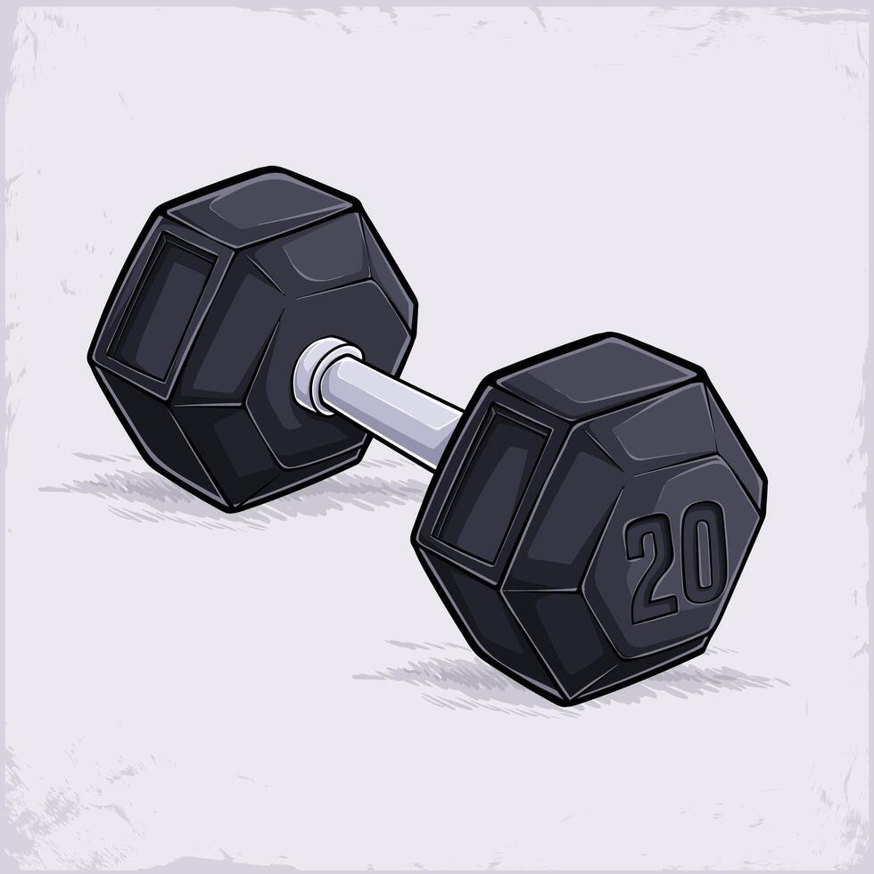 Hand drawn gym workout dumbbells of 20lb, iron training equipment, black hexagonal shaped dumbbells vector