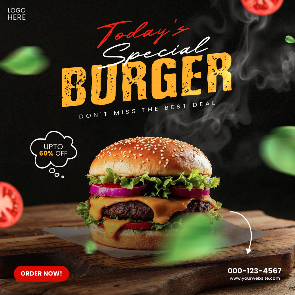 Creative Food Menu Design Template, Burger Promotion Social Media Post psd