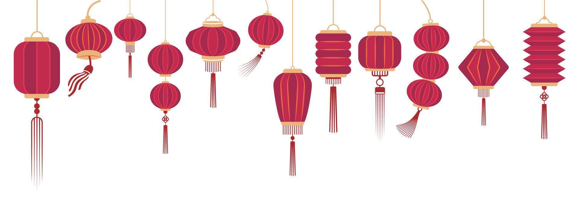 Illustration of various traditional red Chinese lanterns with tassels, for Mid Autumn Festival or Chinese New Year design element vector