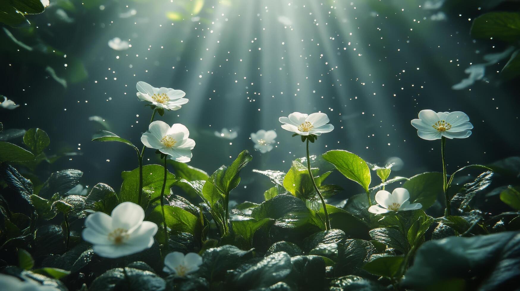 Soft rays of light illuminating blooming white flowers in a serene forest setting photo