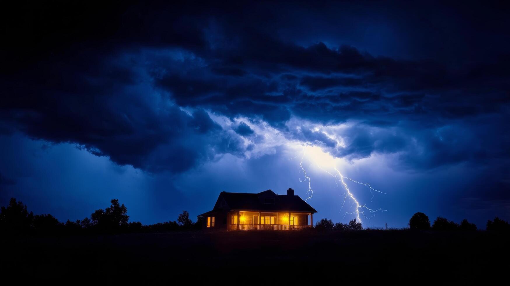 Lightning strikes near a cozy house during a stormy night with dramatic clouds overhead photo