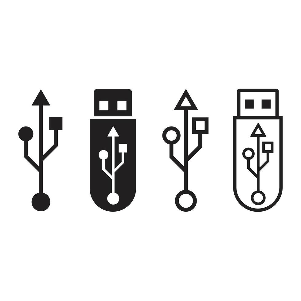 USB icon set. Flash disk flash drive flat and out line black collection isolated. Console media storage, Computer Technology, charger, data transfer sign. vector