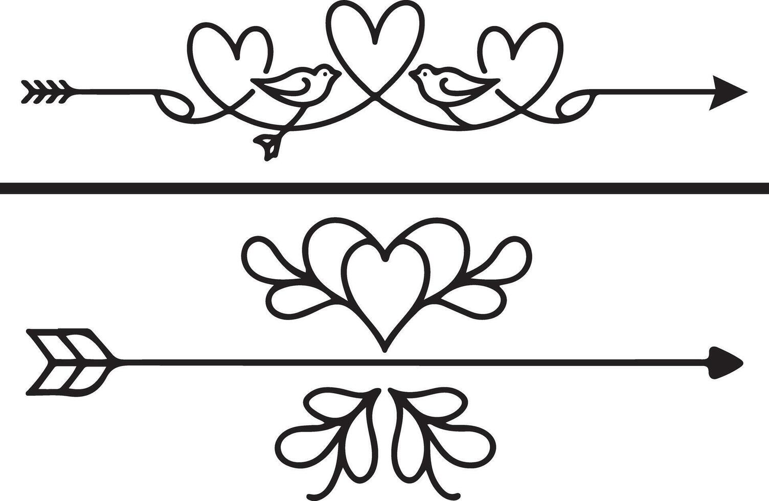 Elegant graphic of intertwined hearts, birds, and arrow, perfect for Valentine's Day. vector