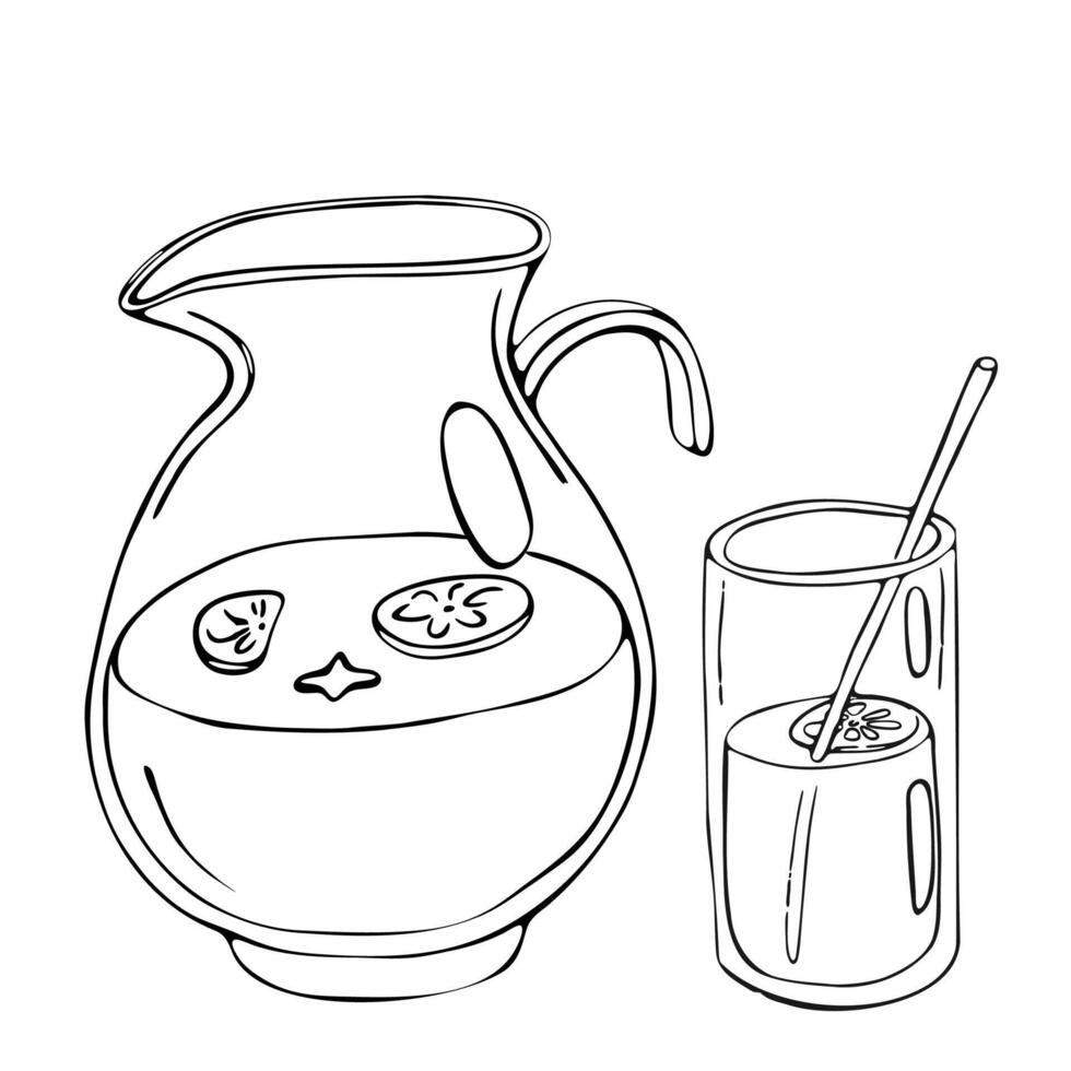 Lemonade jug with a glass. Graphic illustration design, doodle hand-drawn style. Black contour isolated on a white background. Web design, prints, stickers, menu design, restaurants, kitchen decor vector