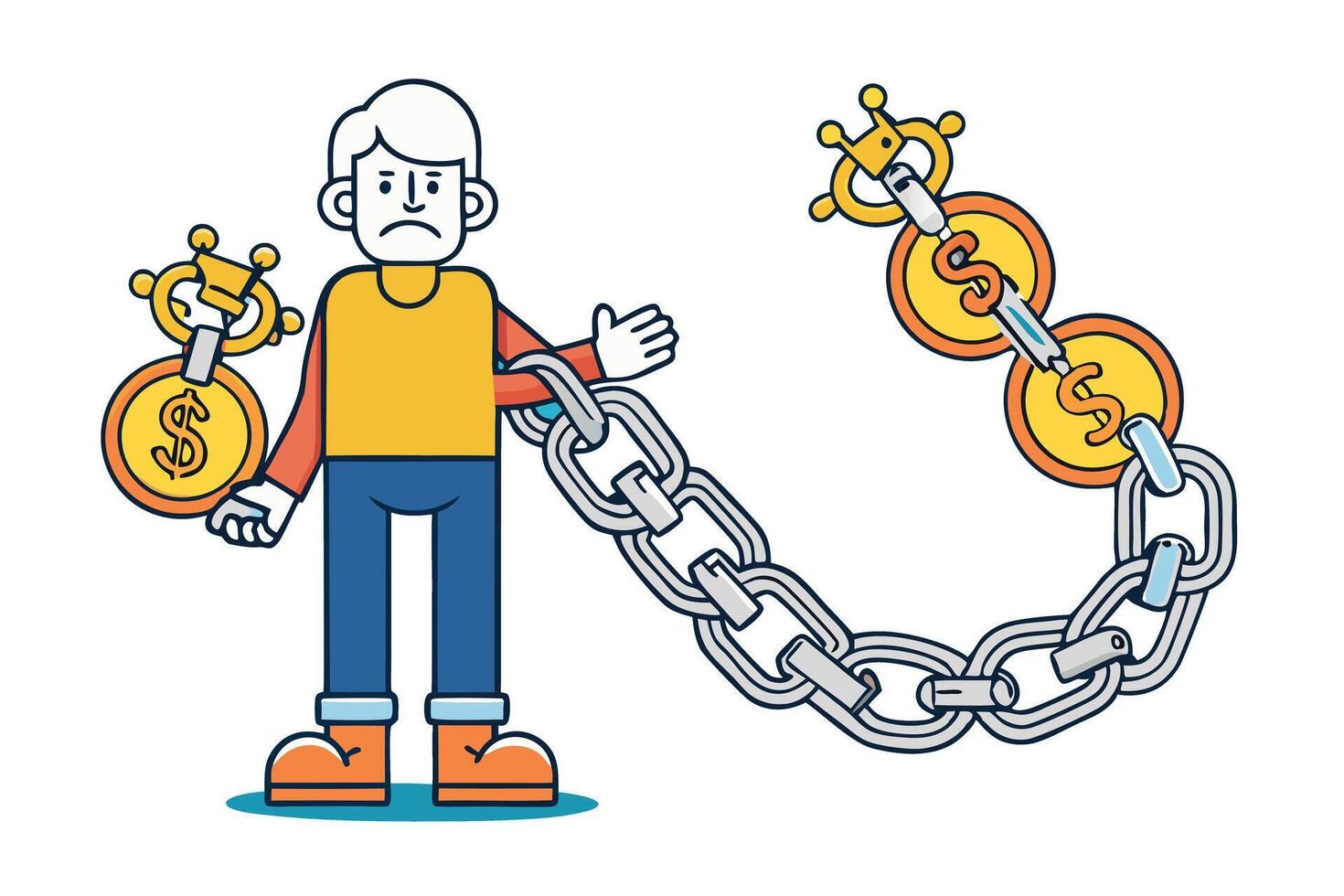 Creative flat showing a man bound by chains and dollar signs, representing debt, financial pressure, or economic challenges vector