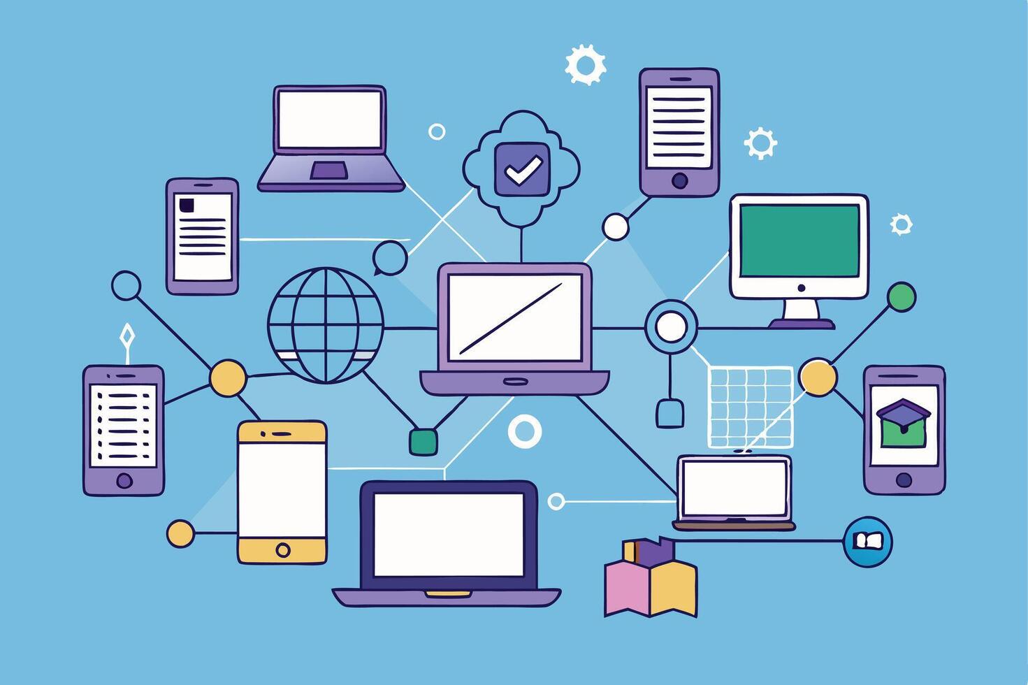 innovative educational network infographic with laptops, smartphones, books, and digital icons symbolizing virtual learning platforms vector