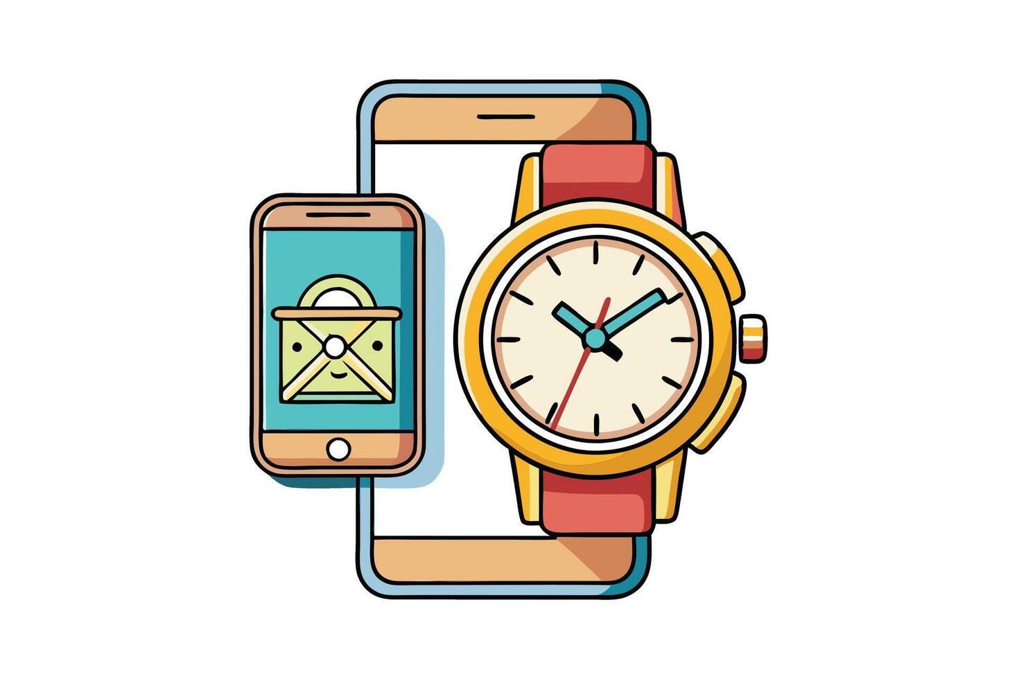 Elegant illustration of analog and digital watches with smartphone integration, symbolizing time management and modern technology vector
