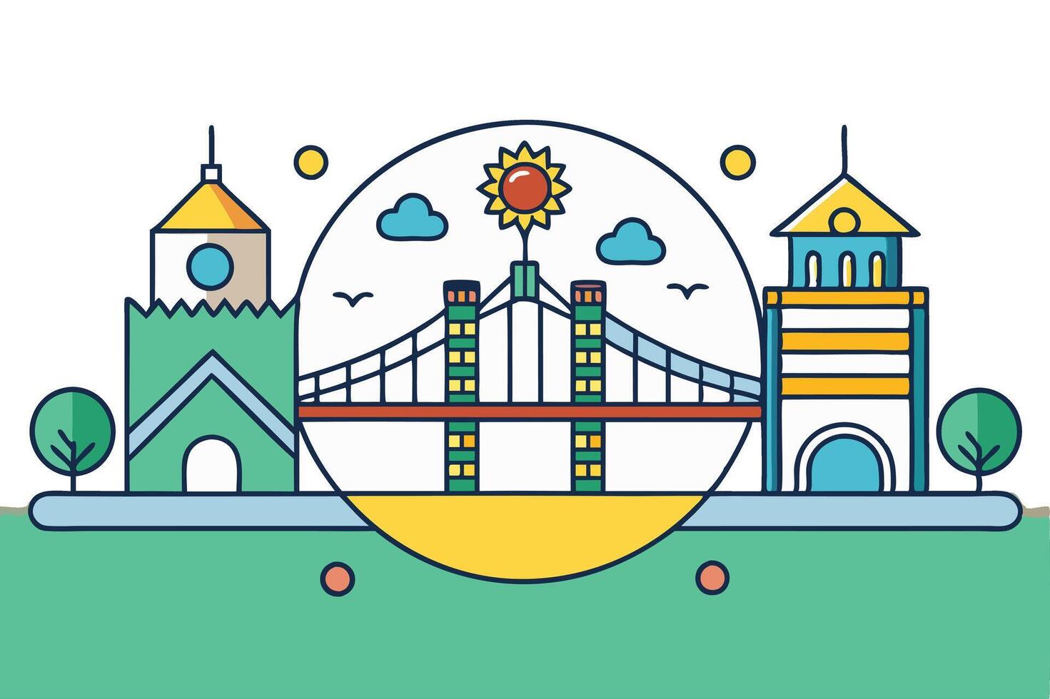 Stylized bridge illustration with traditional architecture, scenic elements, and a bright sunlit background vector