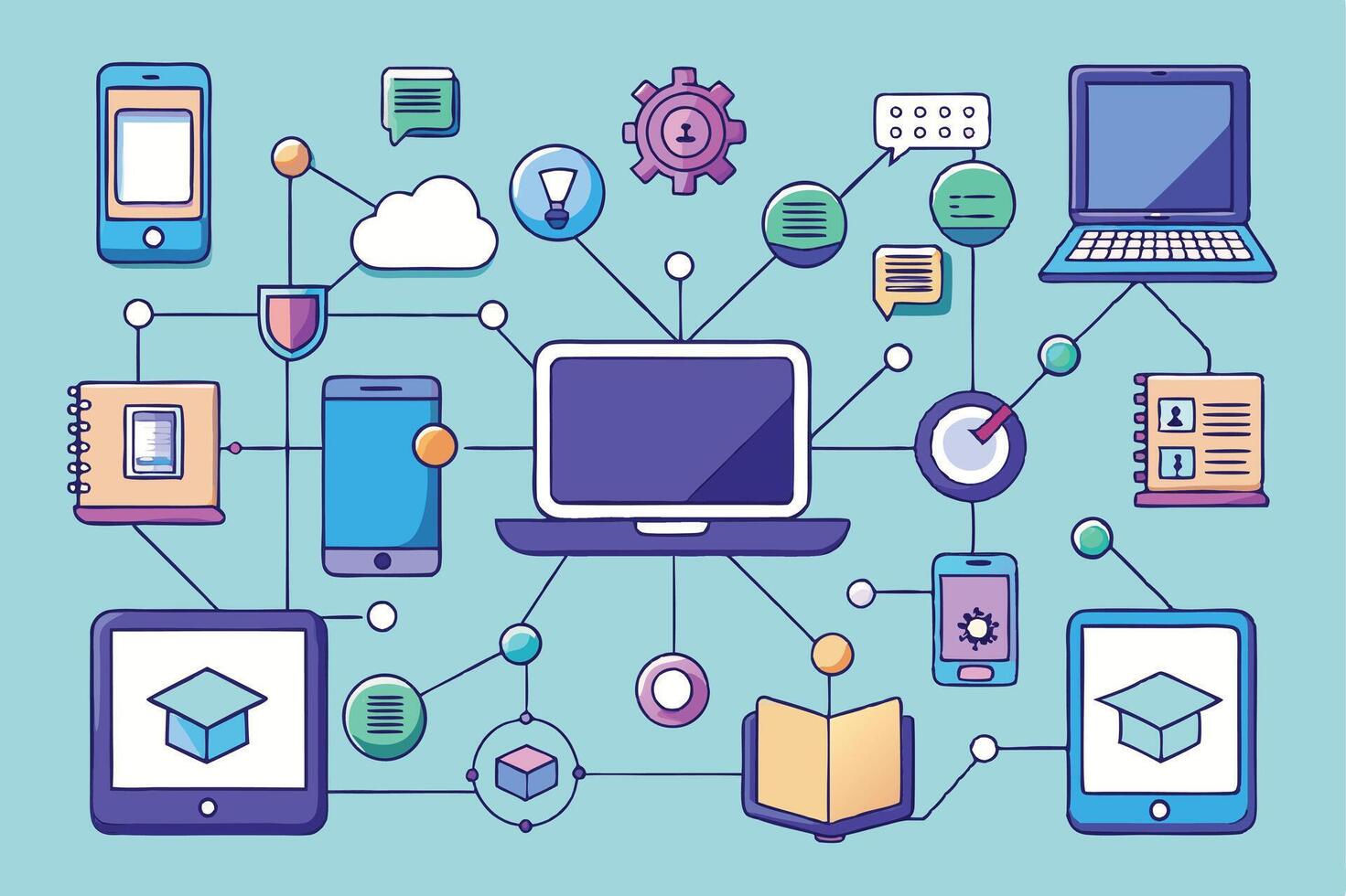 creative digital education network infographic featuring interconnected devices, books, charts, and symbols representing online learning vector