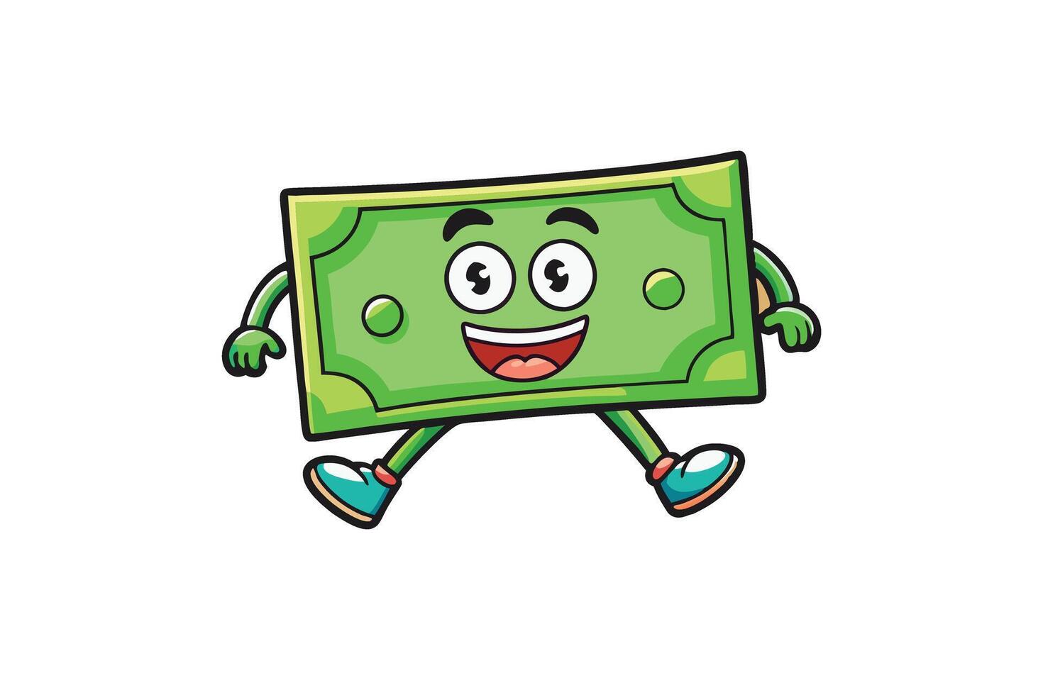 Fun illustration of a green money note character walking energetically, smiling joyfully vector