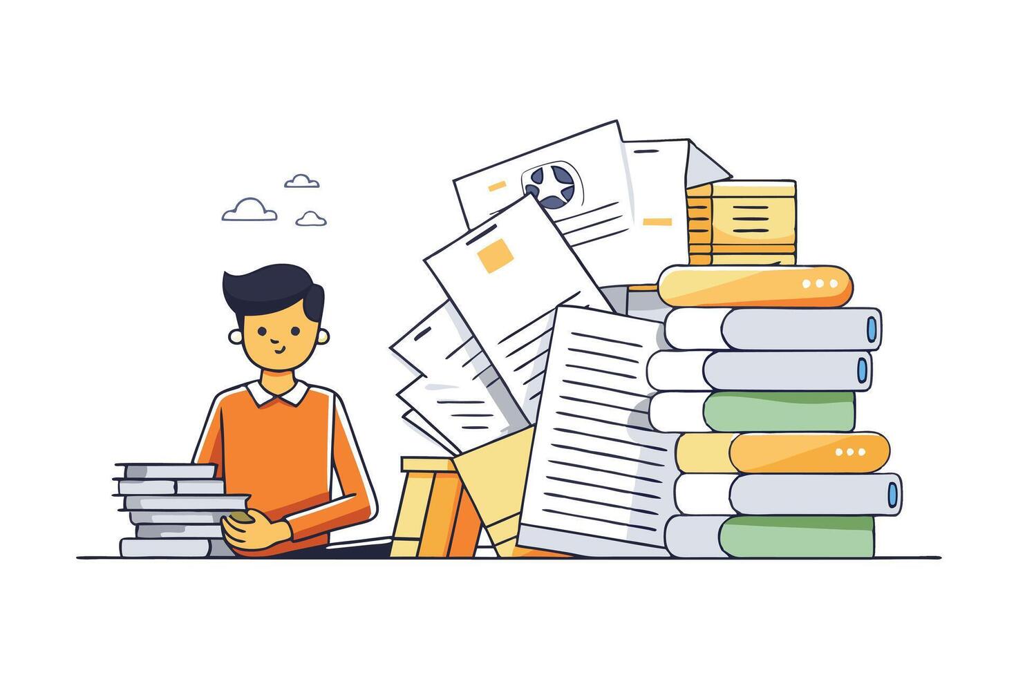 Minimalist illustration of a young student surrounded by a towering pile of books and documents symbolizing academic effort vector