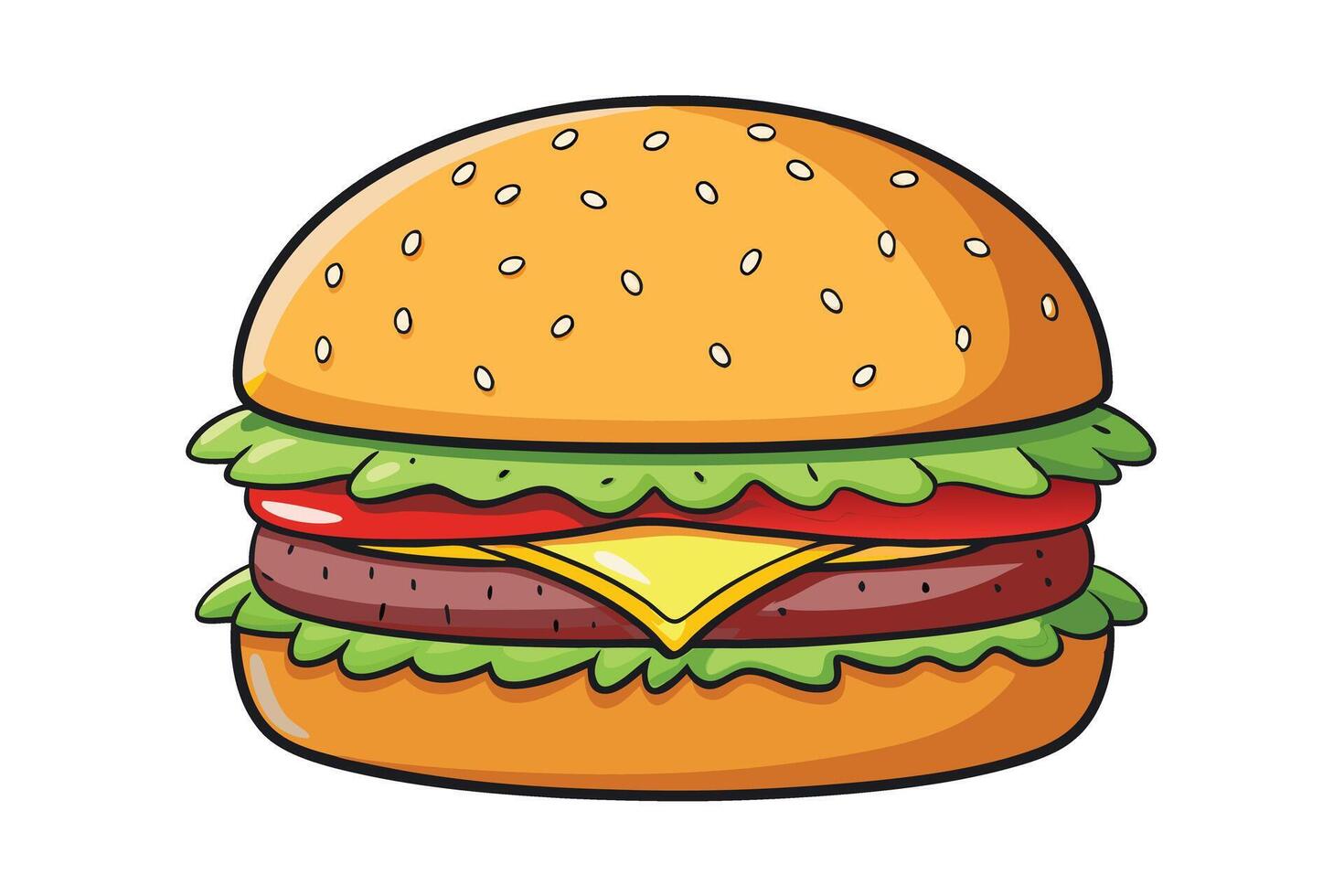 Vibrant Cheeseburger Illustration with a Perfectly Stacked Bun, Cheese, Patty, and Vegetables on a White Background vector